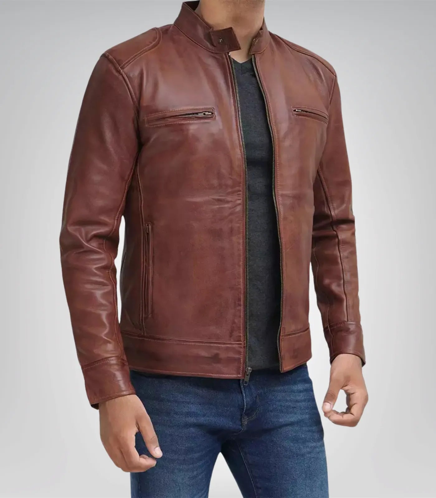 Men’s premium real leather biker jacket – tall fit cognac brown style