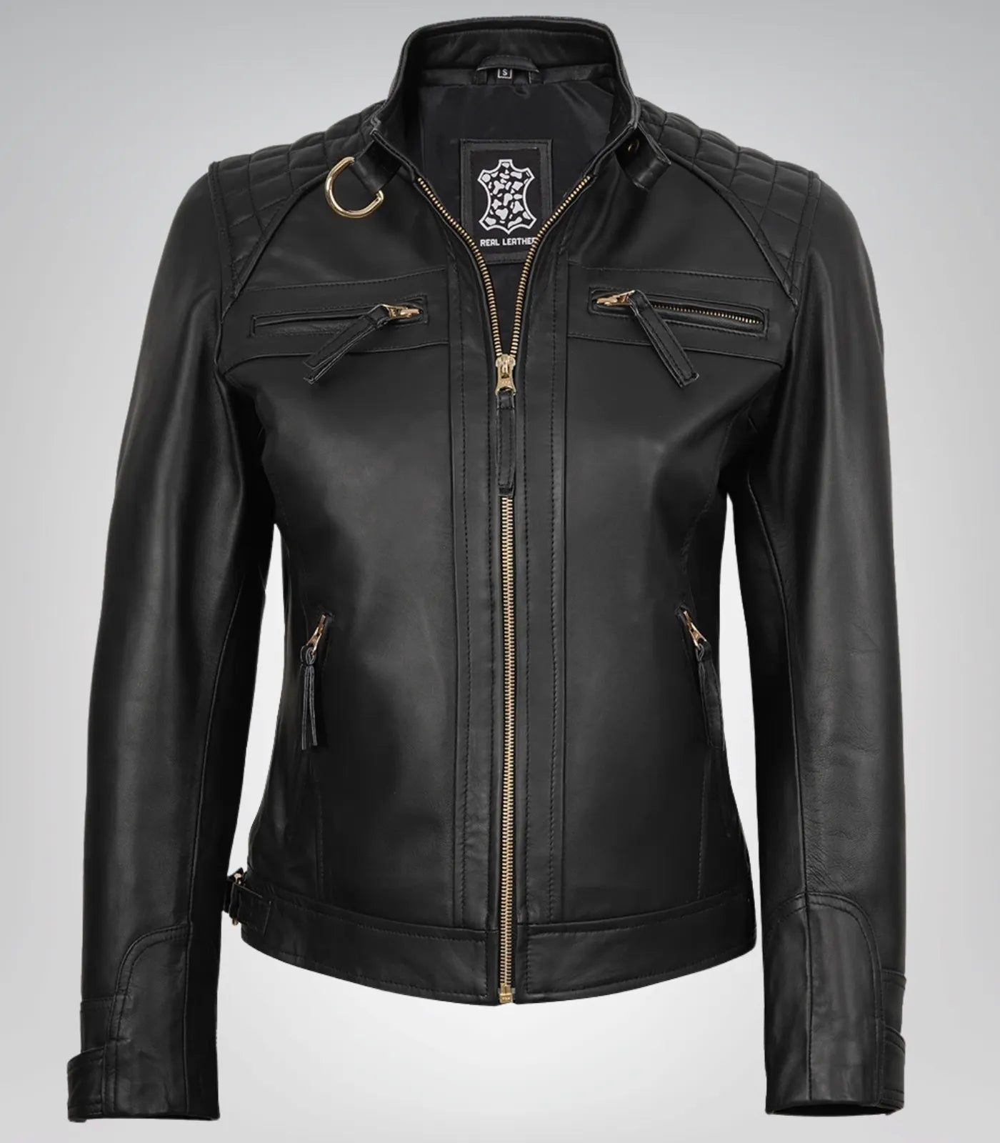 Women’s genuine black lambskin leather biker jacket – golden detail design
