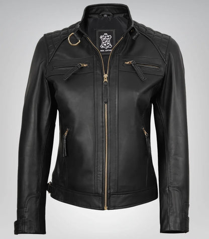 Women’s genuine black lambskin leather biker jacket – golden detail design