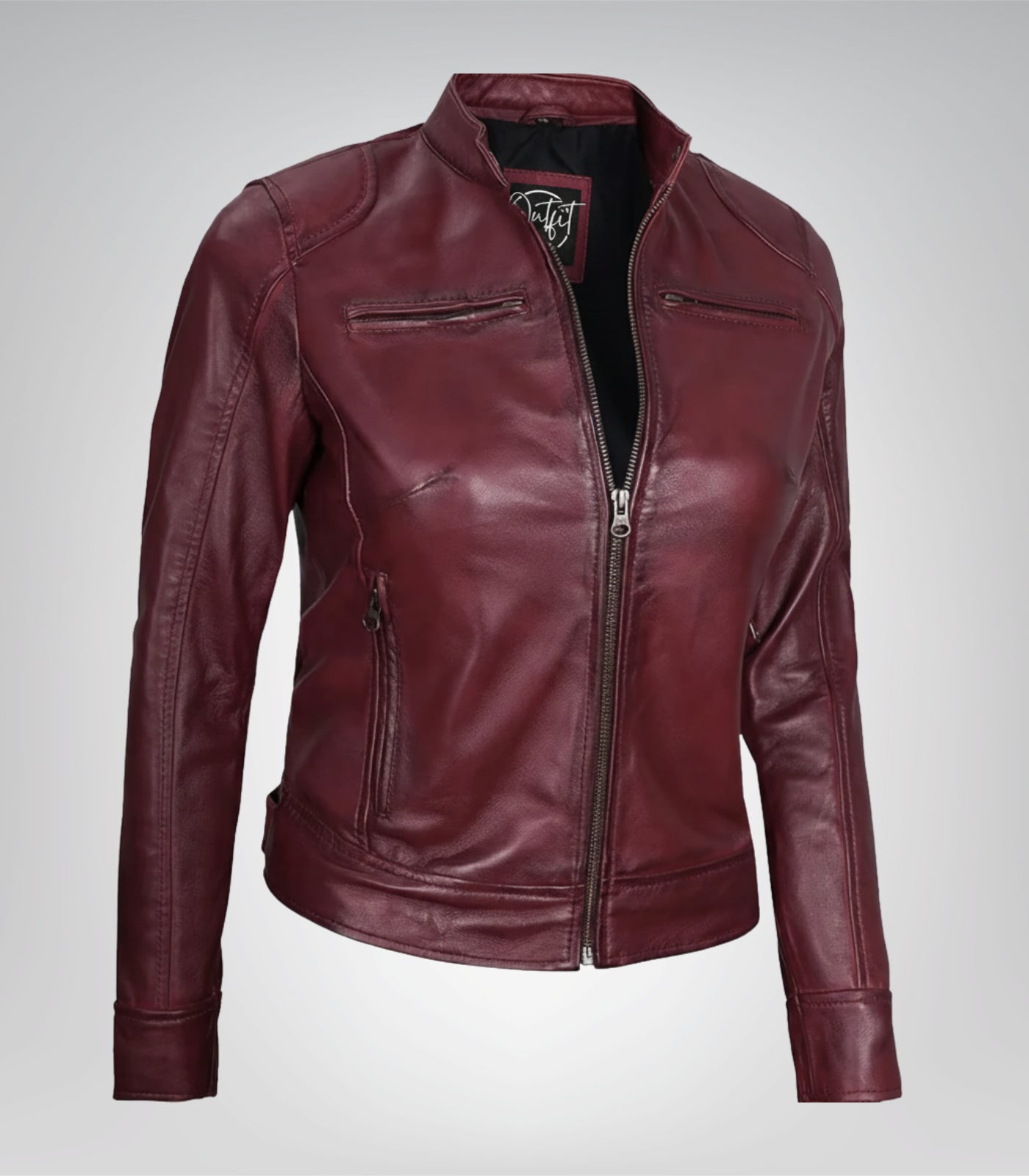 Women’s high-quality burgundy leather moto jacket