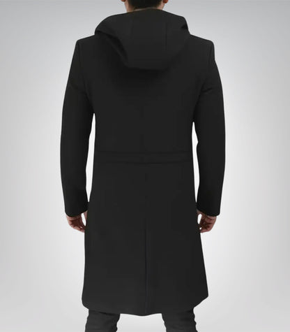 Men’s Black Hooded Wool Coat Zip-Up Winter Overcoat
