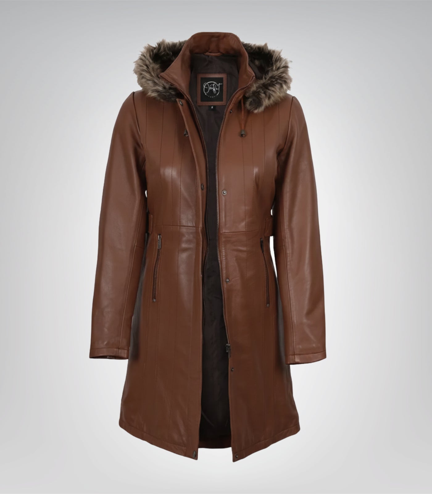 Women’s Brown Leather Coat with Removable Hood and Faux Fur Trim