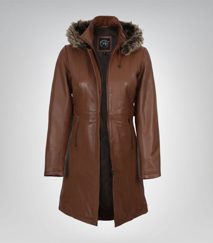 Women’s Brown Leather Coat with Removable Hood and Faux Fur Trim