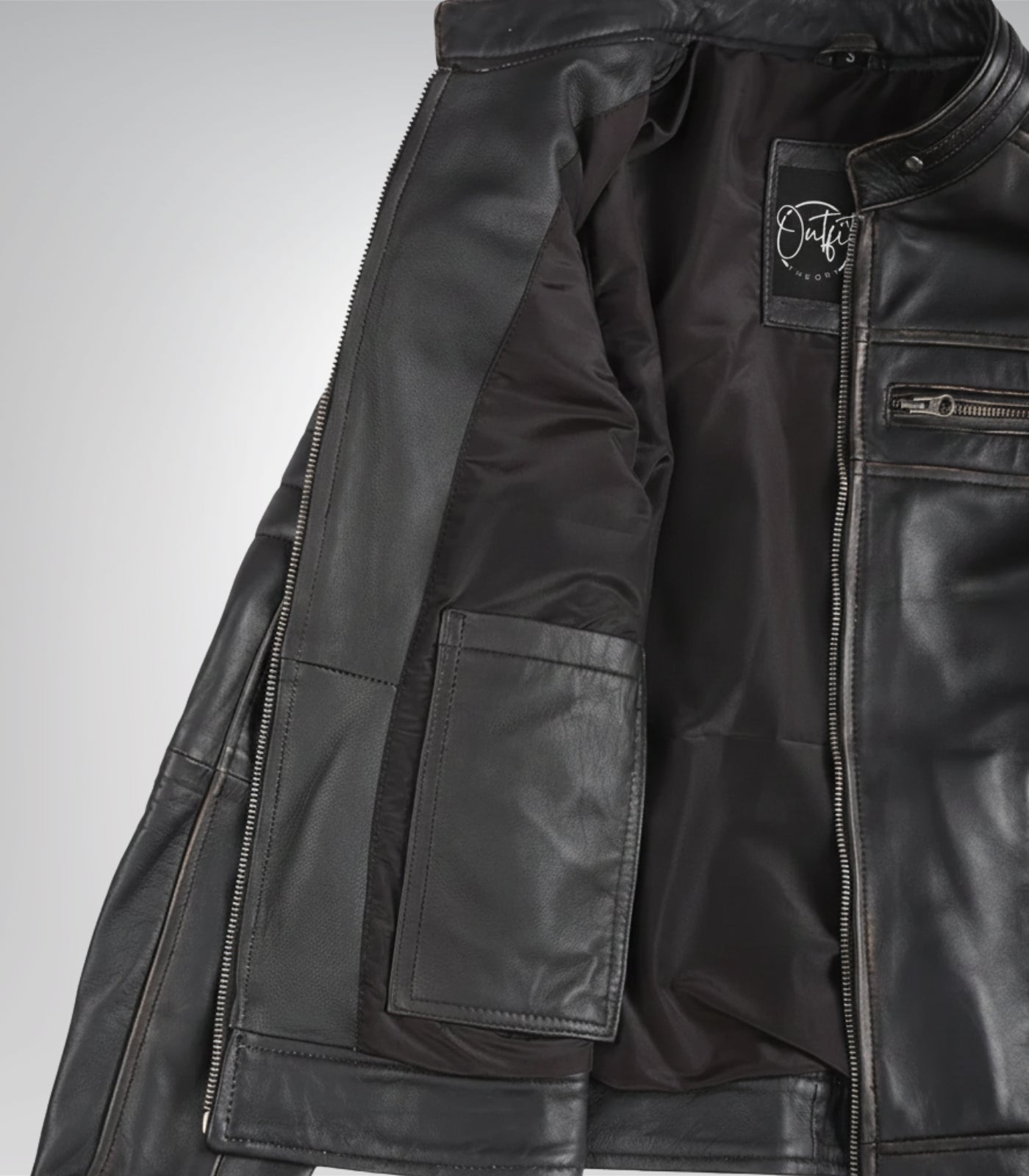 Women’s high-quality brown leather moto jacket with distressed finish