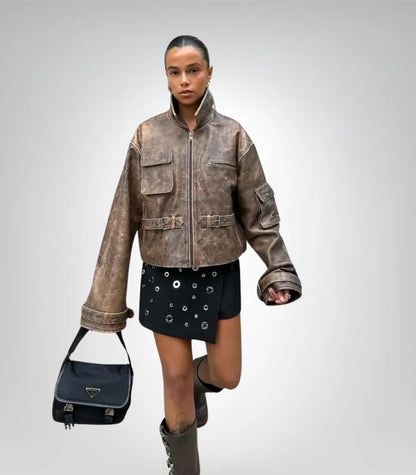 Vintage Brown Distressed Leather Jacket for Women Cropped Bomber Style Genuine Leather Coat with Adjustable Buckles Handmade Christmas Gift
