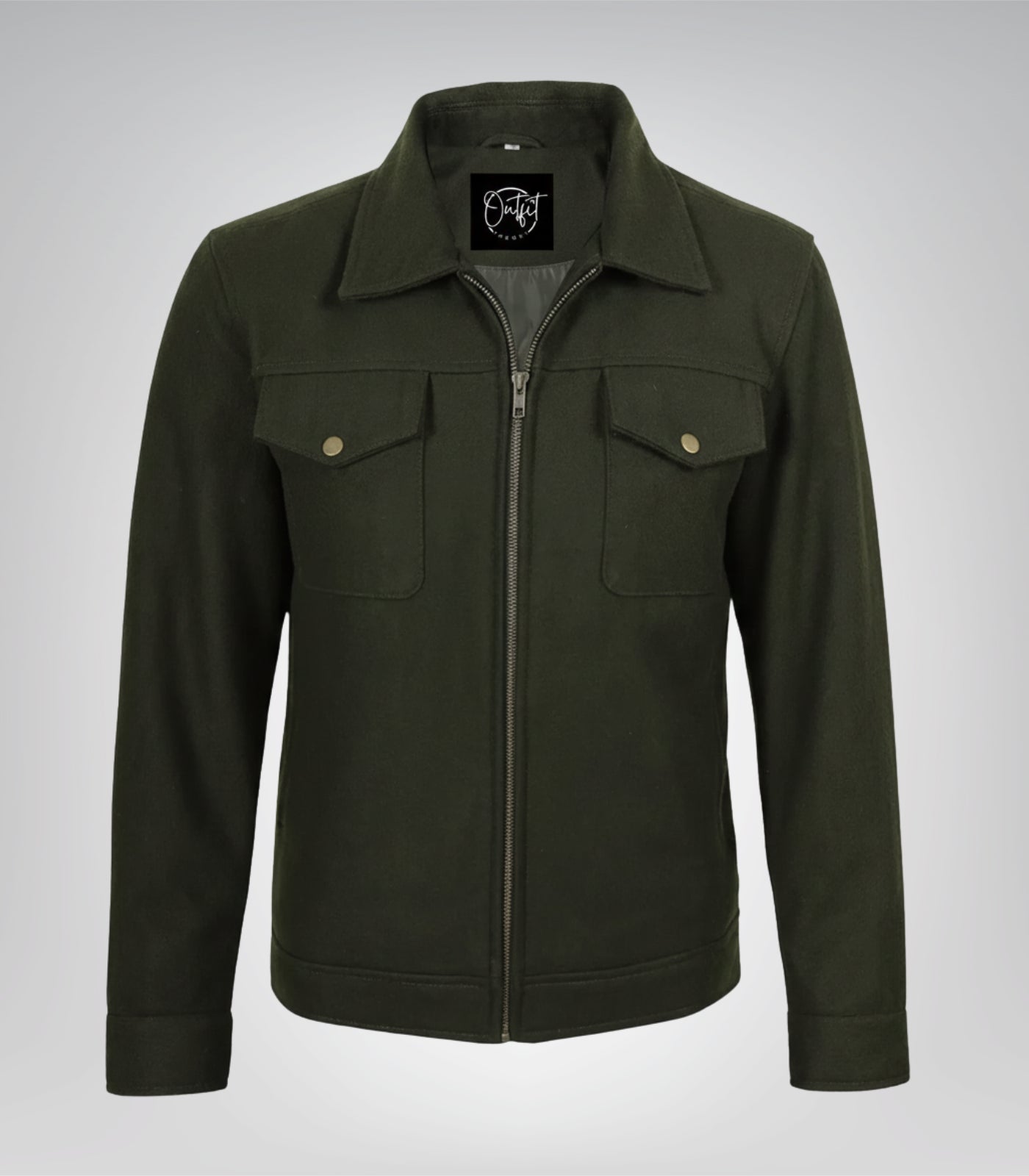 Men’s premium olive green wool utility jacket with zip closure