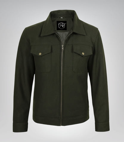 Men’s premium olive green wool utility jacket with zip closure