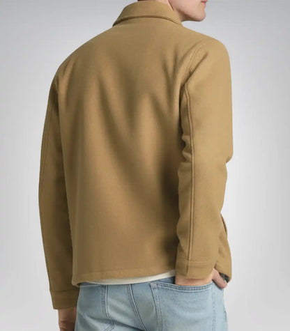Men’s Camel Brown Wool Trucker Jacket with Zip Closure
