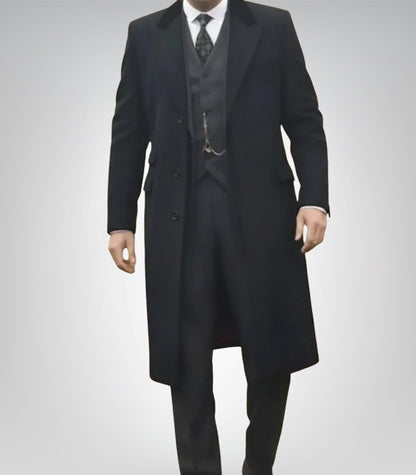 Men’s Black 1920s Gangster Wool Overcoat – Shelby-Inspired Long Winter Coat