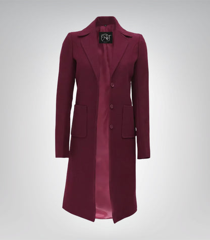 The Royale Women’s Burgundy Long Wool Coat Elegant Winter Outerwear