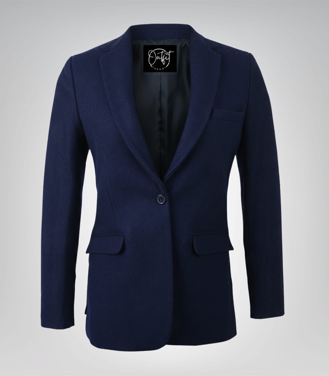 Women’s Navy Blue Wool Blazer with Notch Lapel Single Button Tailored Jacket
