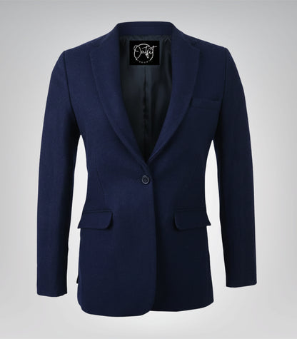 Women’s Navy Blue Wool Blazer with Notch Lapel Single Button Tailored Jacket