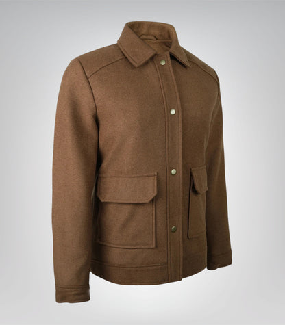 Women’s Brown Wool Utility Jacket Everyday Warm Layer with Snap Button Front