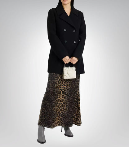 Shalon Executive Women’s Black Double-Breasted Wool Overcoat 3/4 Length Winter Coat
