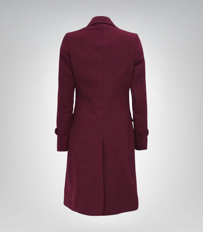 Women’s Burgundy Double-Breasted Long Wool Coat Elegant Wrap Trench Style