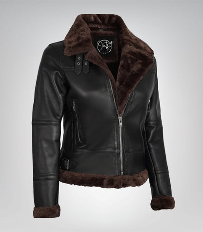 Women’s premium dark brown leather bomber jacket with cozy shearling accents