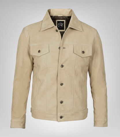 Men’s Classic Camel Real Suede Trucker Jacket Button Front Casual Style