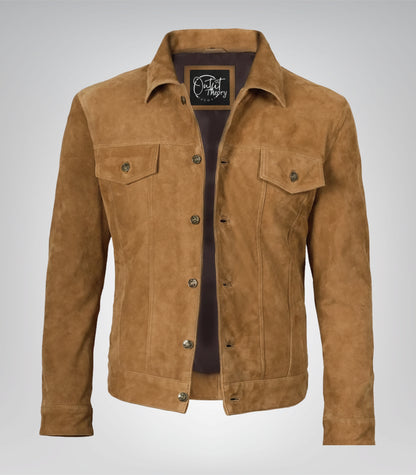 Men’s Real Suede Tan Trucker Jacket Classic Button Front Style