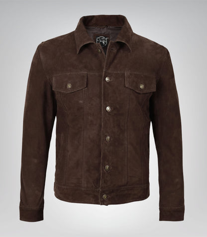 Men’s Real Suede Dark Brown Trucker Jacket Classic Button Front Style