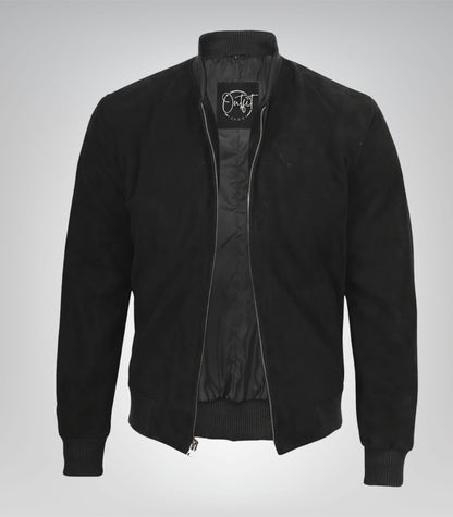 Men’s Premium Black Real Suede Bomber Jacket Classic Zip Front Style