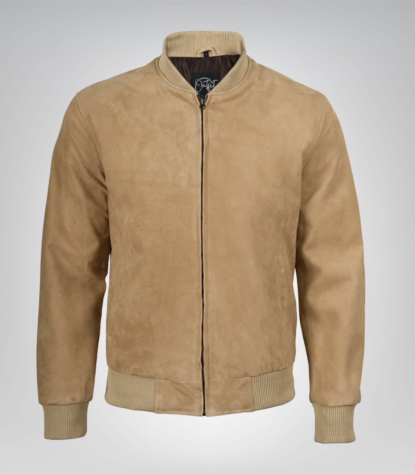 Men’s Camel Brown Real Suede Bomber Jacket Premium Zip Front Style