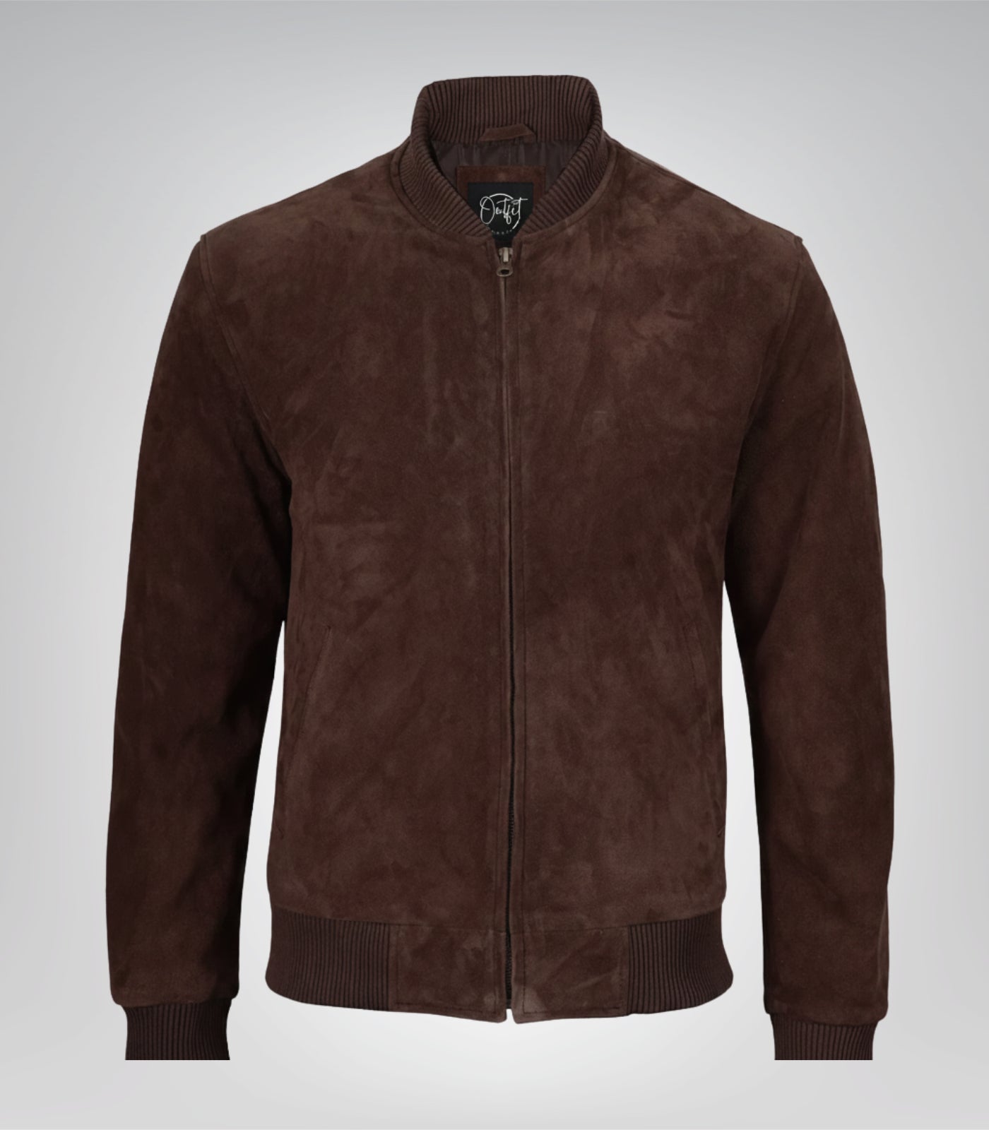 Men’s Dark Brown Real Suede Bomber Jacket Classic Zip Front Style