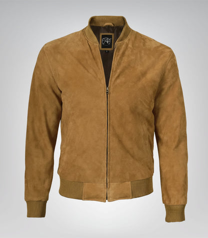 Men’s Light Brown Real Suede Bomber Jacket Classic Zip Front Style