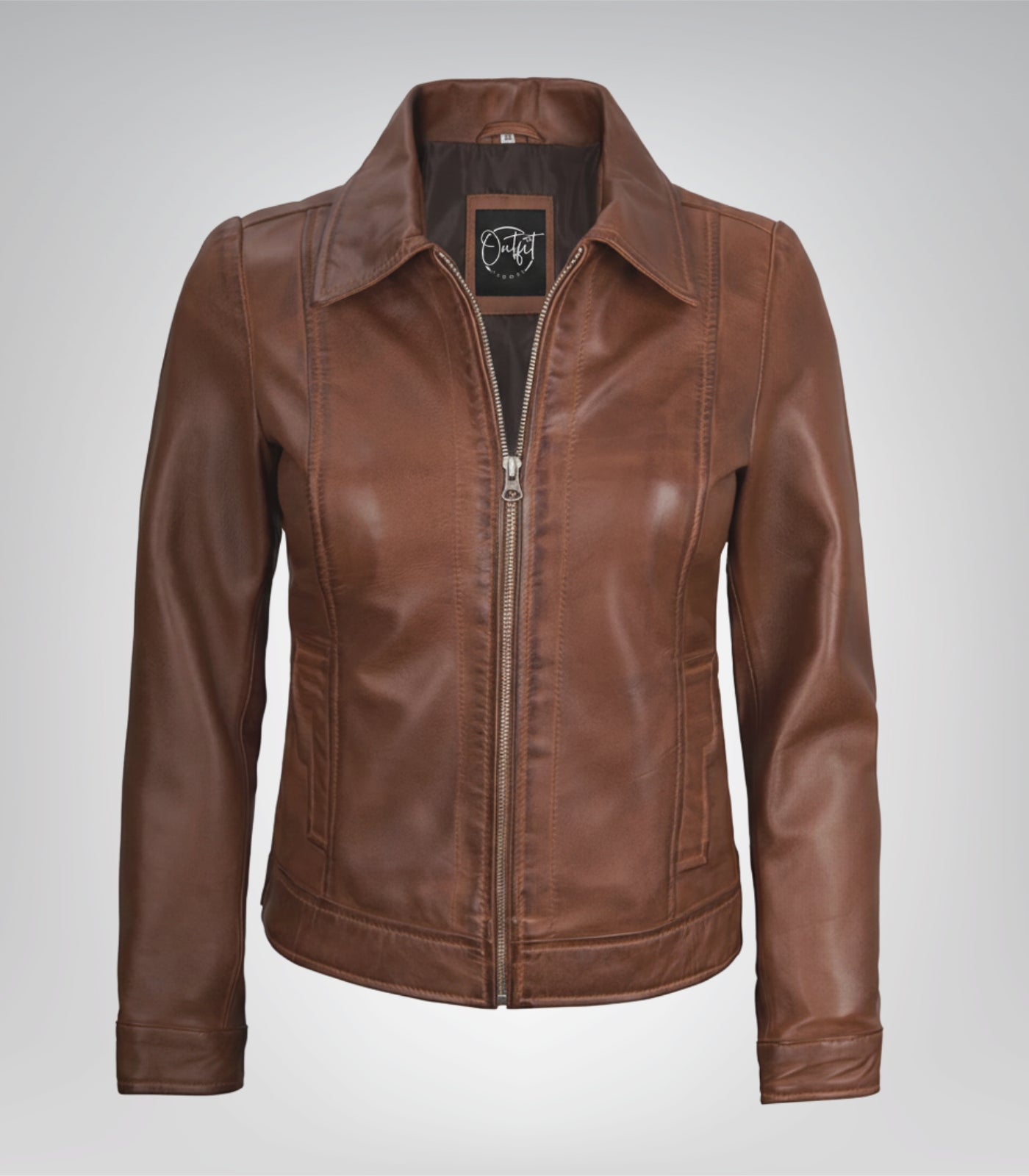Women’s premium cognac leather moto jacket – Harrington design