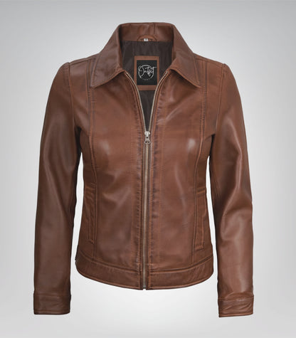 Women’s premium cognac leather moto jacket – Harrington design
