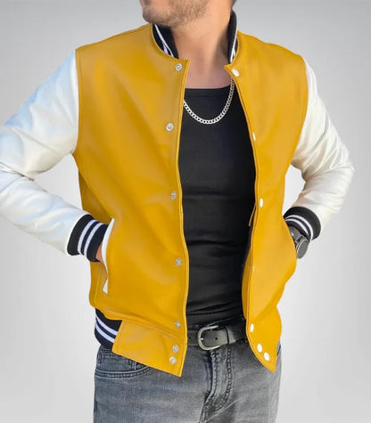 Men’s yellow and white leather varsity jacket – premium college letterman style