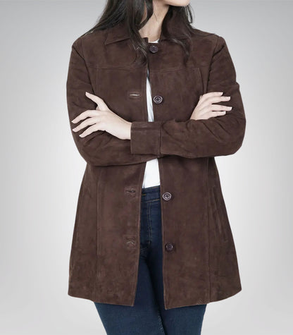Women’s Dark Brown Suede Button-Down Coat 3/4 Length Real Suede Jacket