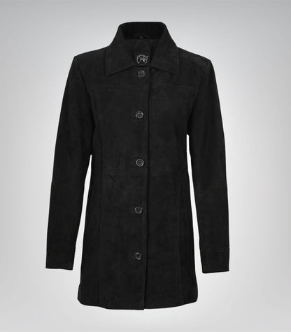 Women’s Black Suede Button-Down Coat 3/4 Length Real Suede Jacket