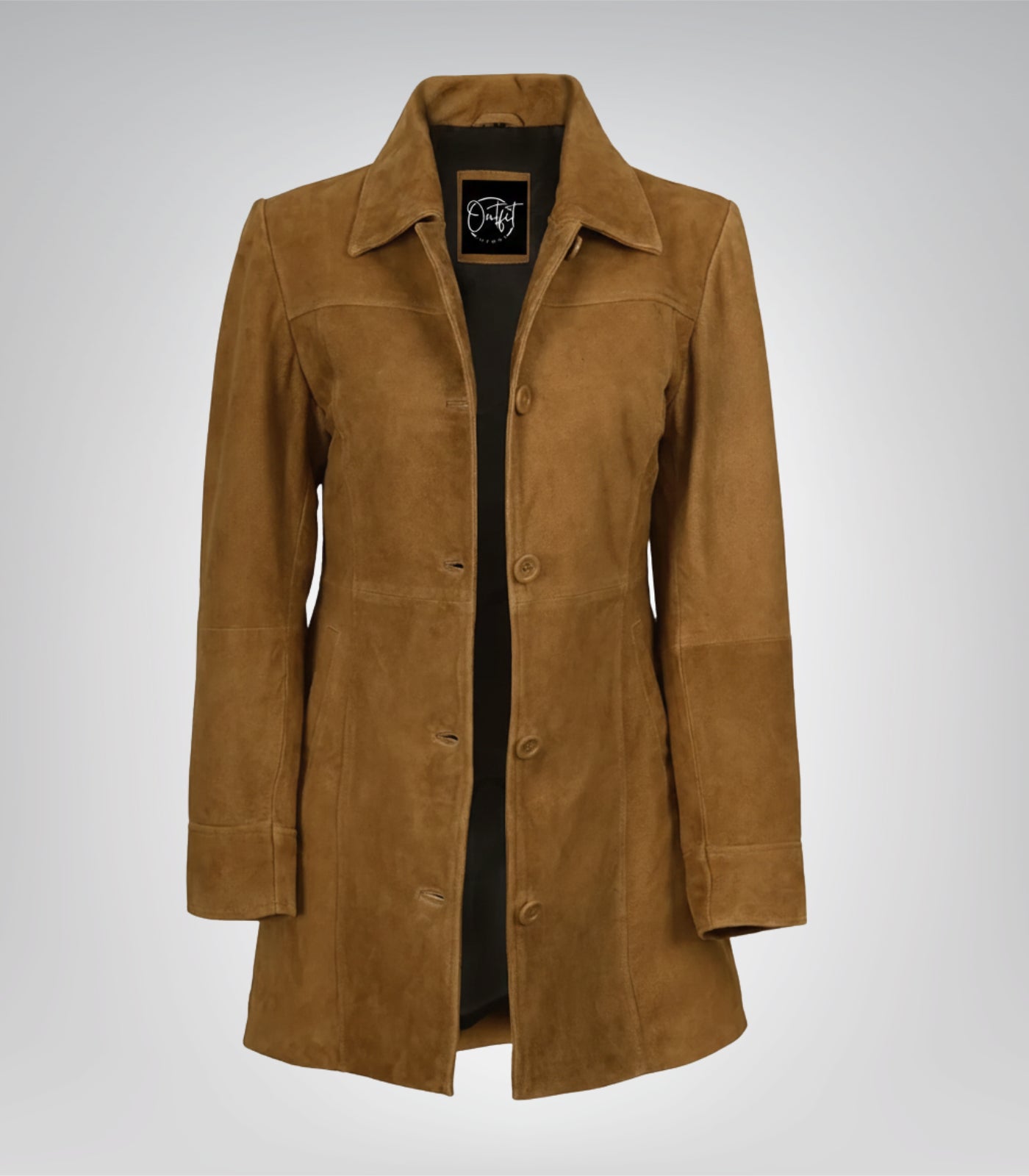 Women’s 3/4 Length Camel Brown Suede Button-Down Coat Real Suede Jacket