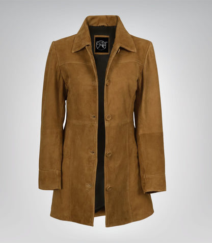 Women’s 3/4 Length Camel Brown Suede Button-Down Coat Real Suede Jacket