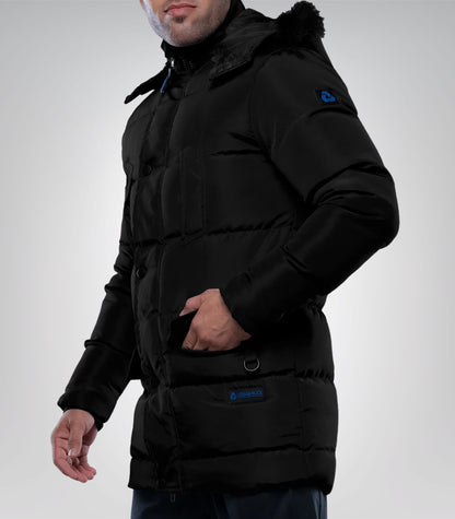 Melvin Long Men’s Black Puffer Jacket Insulated Winter Coat with Faux Fur Trim Hood, Water &amp; Wind Resistant