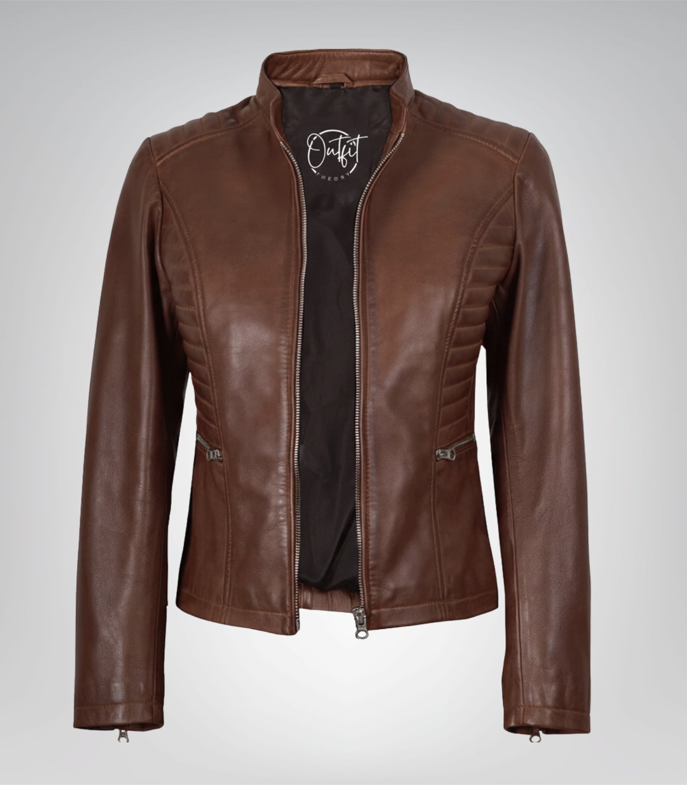 Women’s premium cognac waxed leather biker jacket