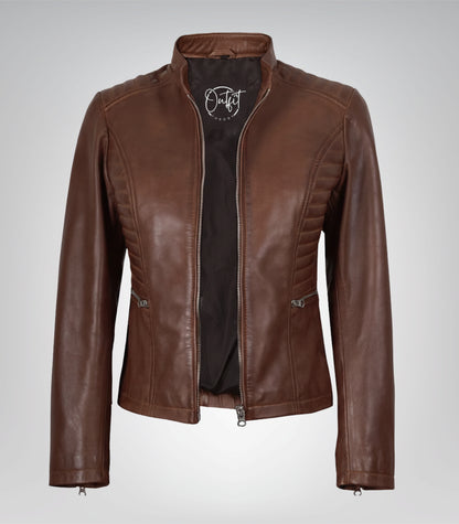Women’s premium cognac waxed leather biker jacket
