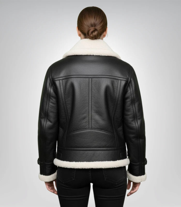 Women’s B-3 Black Sheepskin Leather Bomber Jacket – Classic Aviator Style