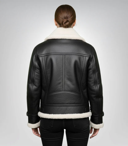 Women’s B-3 Black Sheepskin Leather Bomber Jacket – Classic Aviator Style