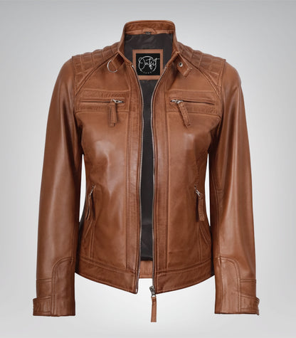 Women’s premium tan lambskin leather biker jacket with quilted design
