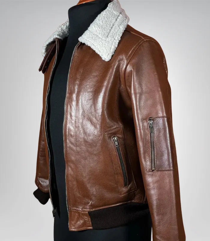 Brown leather bomber jacket for men – classic aviator winter outerwear 2025
