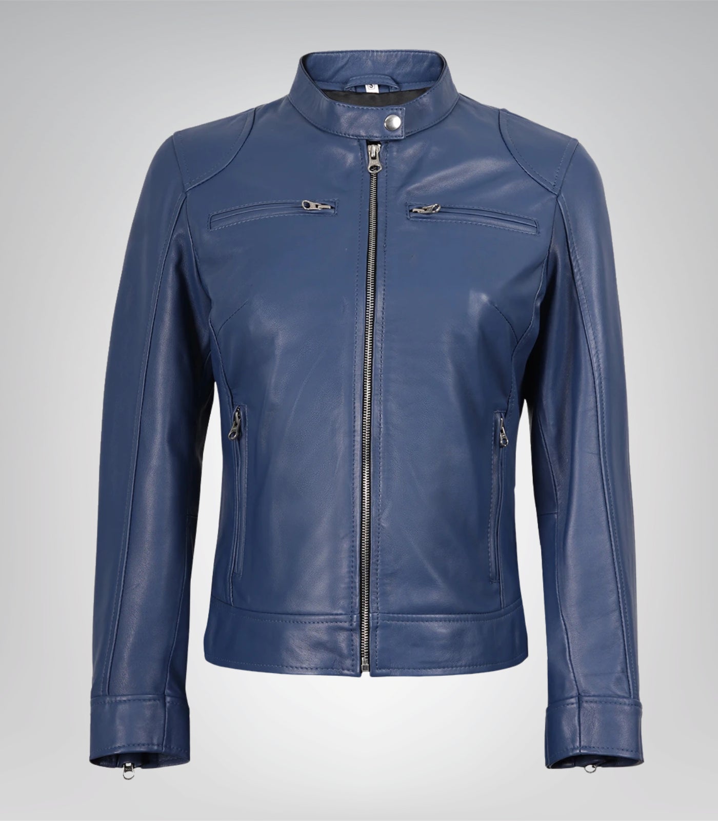 Women’s premium blue leather moto jacket with contemporary cut