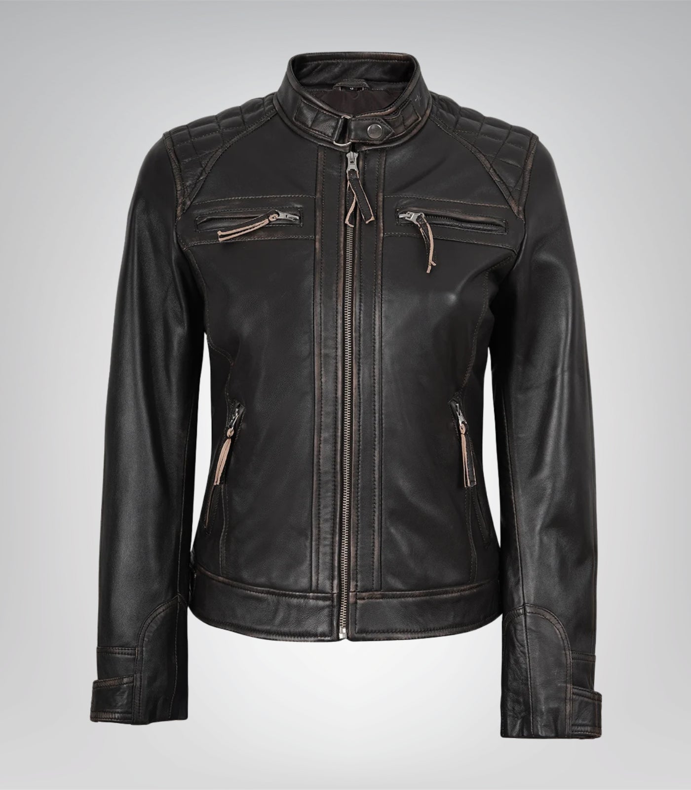 Women’s premium distressed brown leather quilted moto jacket