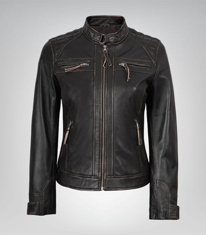 Women’s premium distressed brown leather quilted moto jacket