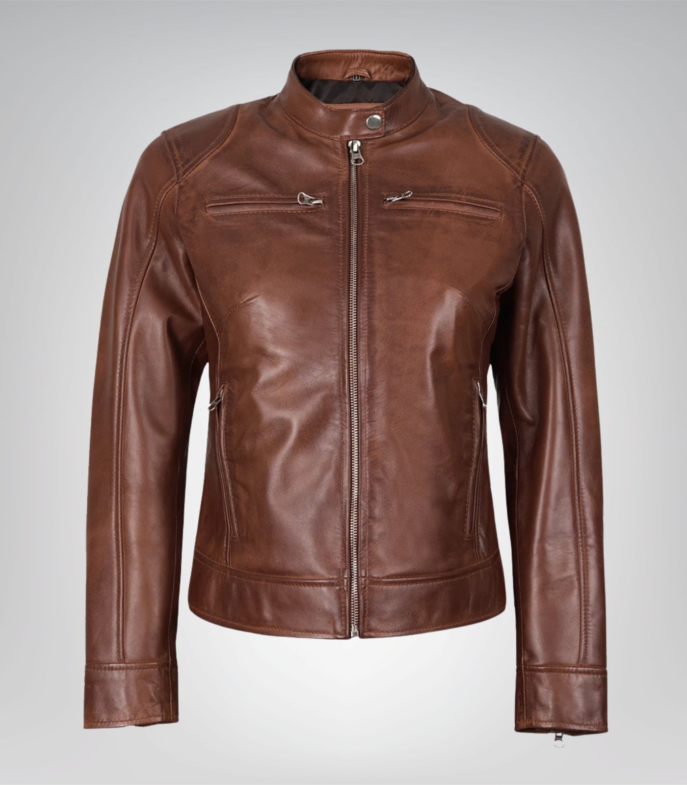 Women's Cognac Waxed Motorcycle-Style Leather Jacket