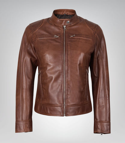 Women's Cognac Waxed Motorcycle-Style Leather Jacket