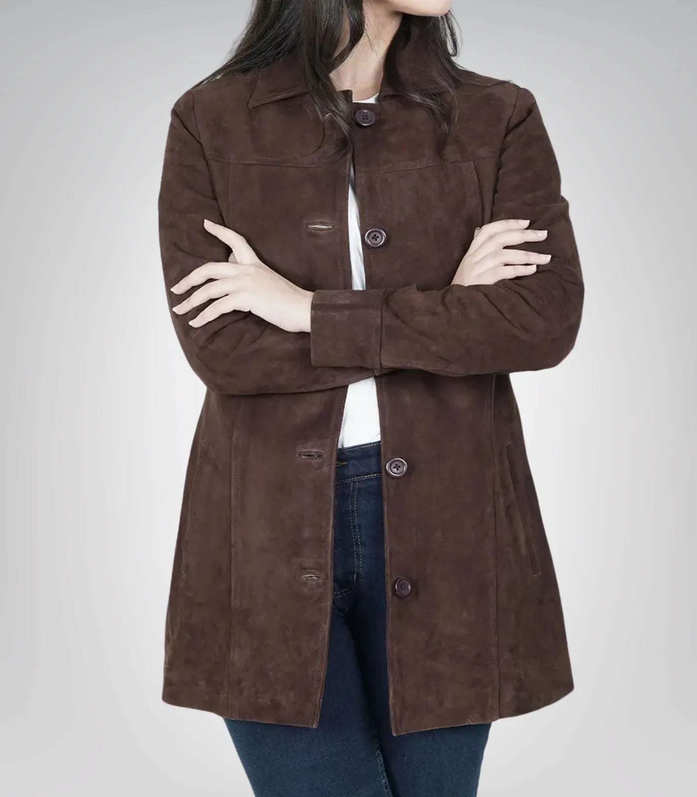 Stylish women’s dark brown suede coat – long button-down leather outerwear