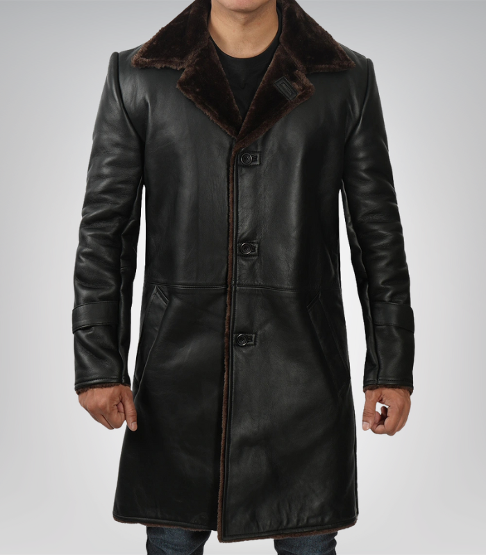 Men’s 3/4 Length Genuine Black Leather Coat with Brown Shearling Lining