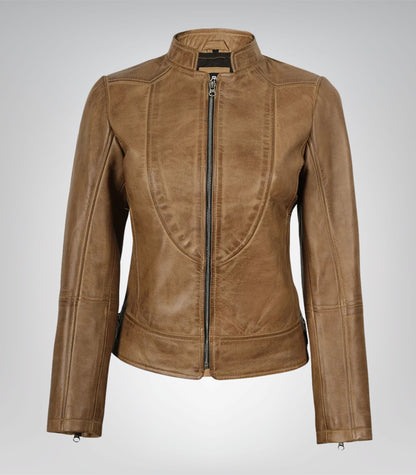 Amy women’s premium camel brown leather biker jacket
