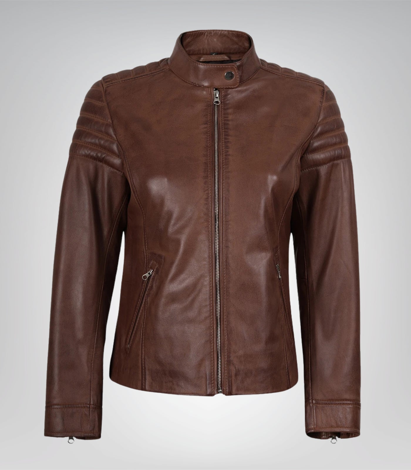 Women’s premium cognac leather moto jacket